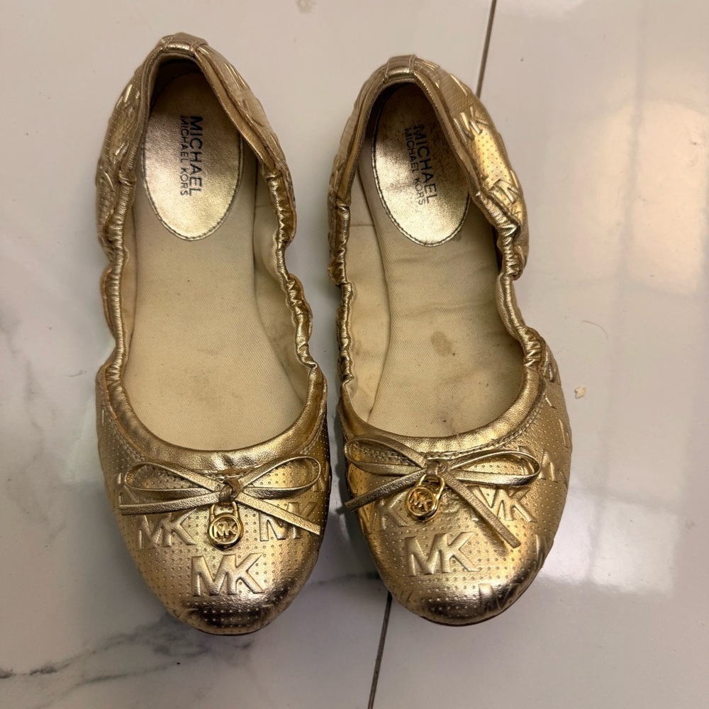Michael Kors Girls' Metallic Gold MK Ballet Flats Size 7